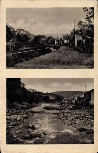 Ak Bad Gottleuba Berggießhübel in Sachsen, Wasserstraße vor und nach Unwetter 1927