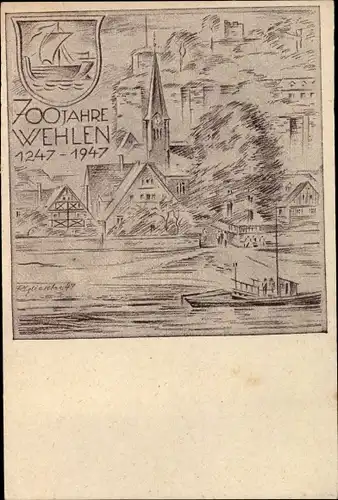 Wappen Künstler Ak Stadt Wehlen an der Elbe Sachsen, Blick auf den Ort, 700 Jahrfeier 1947