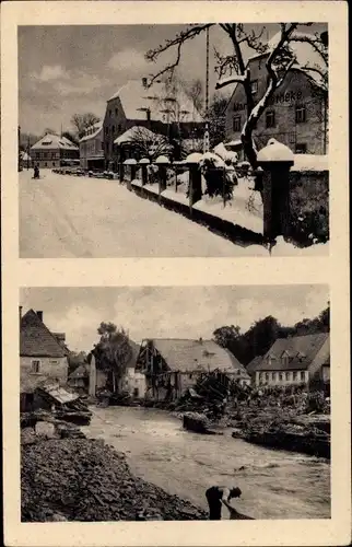 Ak Bad Gottleuba Berggießhübel in Sachsen, Hauptstraße vor und nach Katastrophe 1927, Hochwasser