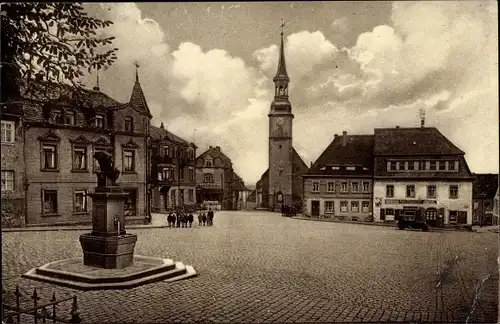 Ak Siebenlehn Großschirma im Kreis Mittelsachsen, Restaurant, Kolonialwarengeschäft, Kirche, Brunnen