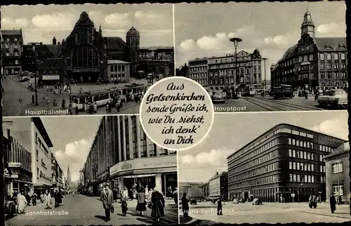 Ak Gelsenkirchen im Ruhrgebiet, Hauptbahnhof, Hauptpost, Bahnhofstraße, Hans Sachs Haus