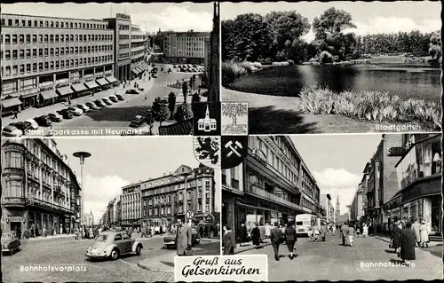 Wappen Ak Gelsenkirchen im Ruhrgebiet, Bahnhofsvorplatz, Stadtgarten, Städtische Sparkasse