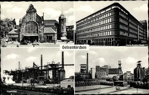 Ak Gelsenkirchen im Ruhrgebiet, Bahnhof, Hans Sachs Haus, Hochofen, Zeche Consolidation