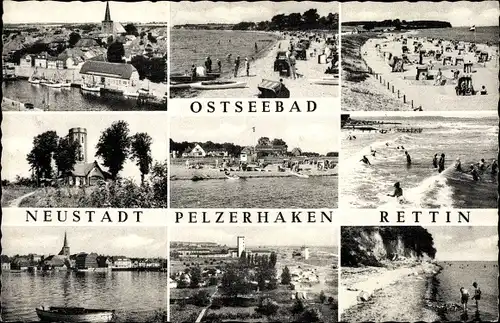 Ak Pelzerhaken Rettin Neustadt in Holstein, Badestrand, Totalansicht, Kirche