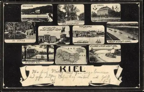 Ak Kiel in Schleswig Holstein, Kaiser Wilhelm Kanal, Schloss, Universität, Bellevue, Gehölz