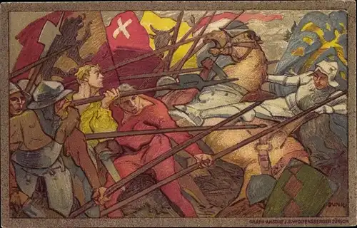 Ganzsachen Künstler Ak Schweiz, Bundesfeier 1911, Fete Nationale, Schlachtbild