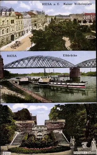 Ak Riesa an der Elbe Sachsen, Kaiser Wilhelmplatz, Elbbrücke, Salondampfer, Freitreppe