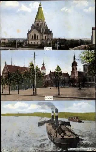 Ak Riesa an der Elbe Sachsen, Trinitatiskirche, Rathaus, Klosterkirche, Schleppdampfer auf der Elbe
