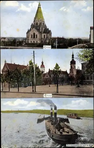 Ak Riesa an der Elbe Sachsen, Trinitatiskirche, Schleppdampfer auf der Elbe, Blick auf den Ort