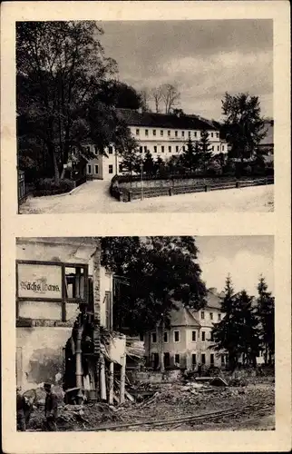 Ak Berggießhübel in Sachsen, Partie am Johann Georgen Bad vor und nach dem Unwetter 1927, Zerstörung