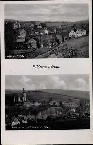 Ak Mildenau im Erzgebirge, Unterer Ortsteil, Kirche, Miitlerer Ortsteit