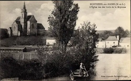 Ak Montreuil sur Maine Maine-et-Loire, L'Eglise vue des bords de la Mayenne