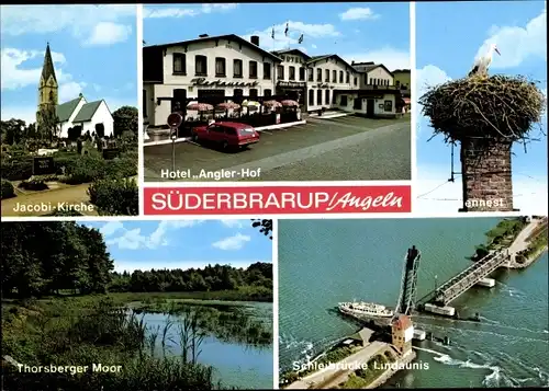 Ak Süderbrarup in Schleswig Holstein, Kirche, Hotel Angler Hof, Storchennest, Schleibrücke, Moor