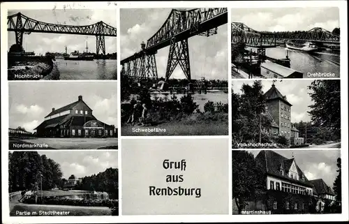 Ak Rendsburg Schleswig Holstein, Schwebefähre, Hochbrücke, Schwebebahn, Drehbrücke, Schule, Theater