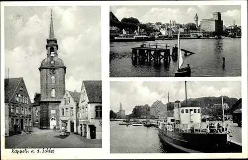 Ak Kappeln an der Schlei, Teilansicht, Dampfer, Kirche