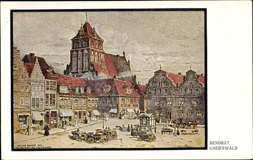 Künstler Ak Bendrat, Greifswald, Marktplatz mit Geschäften und Marienkirche