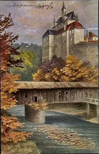 Künstler Ak Reukauff, Kriebstein Mittelsachsen, Herbstimmung, Burgansicht