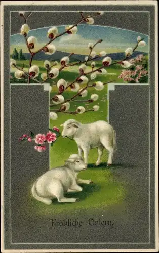 Präge Litho Glückwunsch Ostern, Zwei Lämmer, Weidenkätzchen