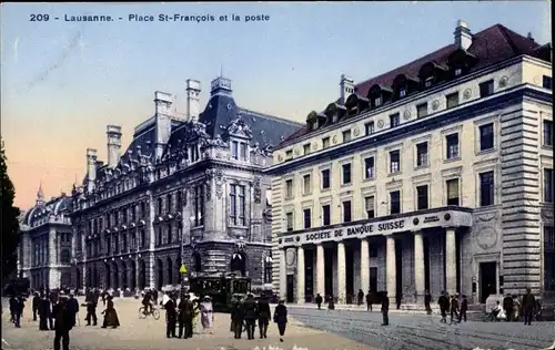 Ak Lausanne Kanton Waadt, Place St. Francois et la poste, Banque Suisse