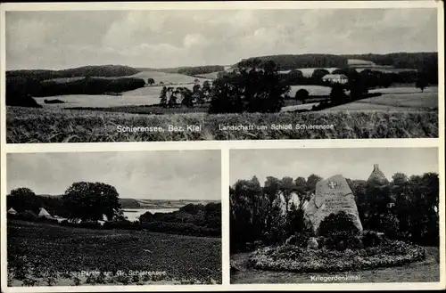 Ak Schierensee in Schleswig Holstein, Kriegerdenkmal, Landschaftspartie Schloss, Seepartie