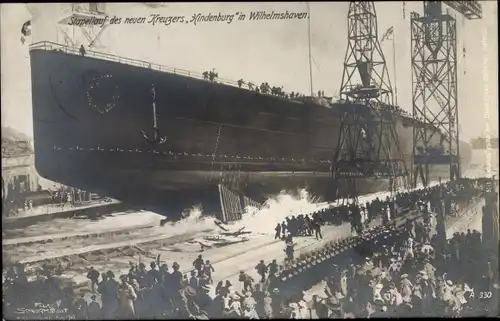 Ak Wilhelmshaven in Niedersachsen, Deutsches Kriegsschiff, Hindenburg, Kreuzer, Stapellauf