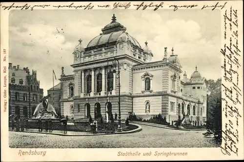 Ak Rendsburg in Schleswig Holstein, Stadthalle und Springbrunnen