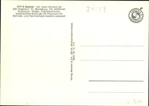 Ak Eisendorf in Schleswig Holstein, Ott's Gasthof, Zimmer, Bar, Speiseraum