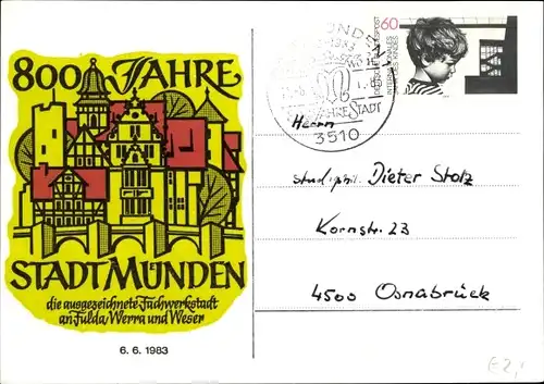 Künstler Ak Hann Münden in Niedersachsen, 800 Jahre Stadtjubiläum, 6.6.1983