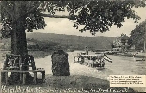 Ak Hann Münden in Niedersachsen, Weserstein, Salondampfer Fürst Bismarck