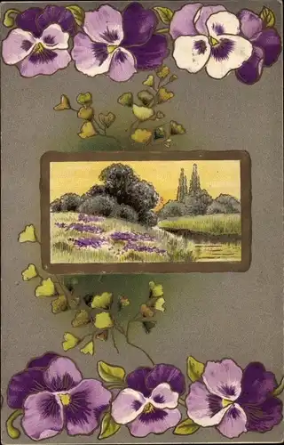 Ak Partie auf einer Blumenwiese, Stiefmütterchen