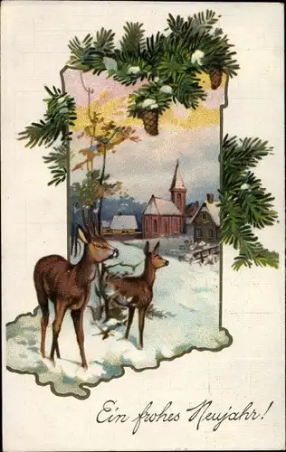 Ak Glückwunsch Neujahr, Dorfpartie, Rehe, Tannenbaum-Zweige