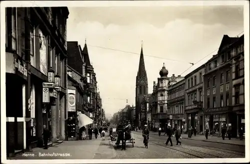 Ak Herne im Ruhrgebiet, Bahnhofstraße, Restaurant, Kirche, Geschäfte