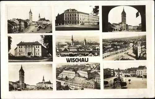 Ak Vyškov Wischau Südmähren, Markt, Uhrenturm, Stadtpanorama