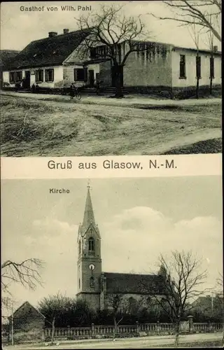 Ak Głazów Glasow in der Neumark Ostbrandenburg, Gasthof Wilh. Pahl, Kirche