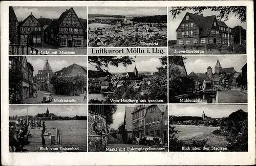 Ak Mölln im Herzogtum Lauenburg, Jugendherberge, Luisenbad, Eulenspiegelbrunnen, Stadtsee
