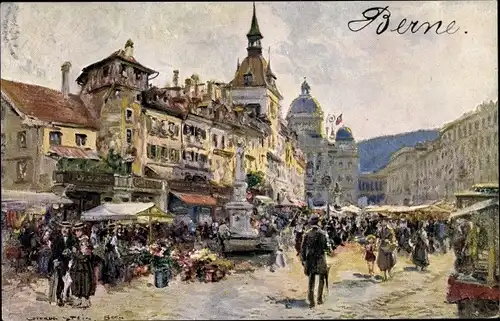 Künstler Ak Bern Kt Bern Schweiz, Marktplatzpartie