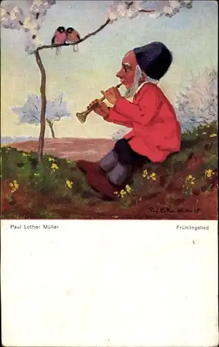 Künstler Ak Müller, Paul Lothar, Frühlingslied, Zwerg mit Flöte