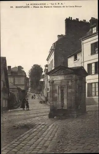 Ak Honfleur Calvados, Plave du Puits et Chemin de la Croix Rouge