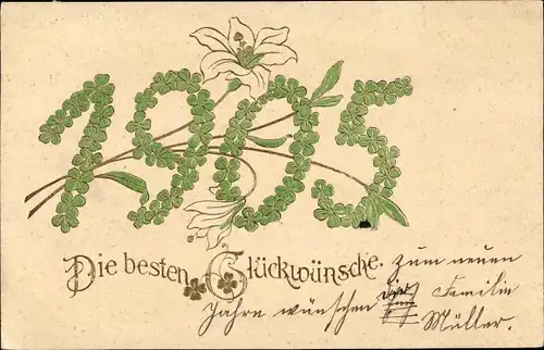 Präge Litho Glückwunsch Neujahr, Jahreszahl 1905, Kleeblätter, Lilie