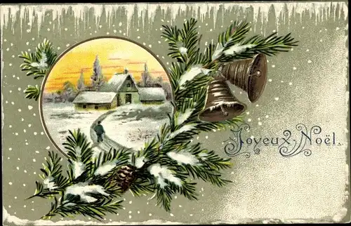 Winter Litho Glückwunsch Weihnachten, Winterlandschaft, Glocken
