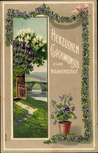 Litho Glückwunsch Namenstag, Fliederbüsche, Veilchen