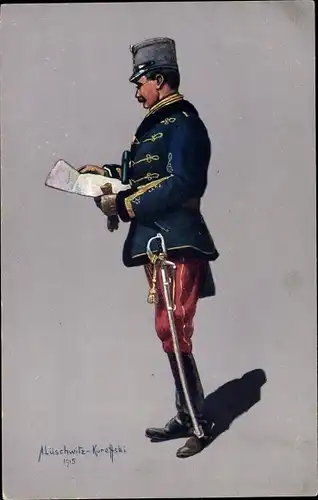 Künstler Ak  Lüschwitz Koreffski, A., KuK Soldat, Husarenstabsoffizier in Felduniform