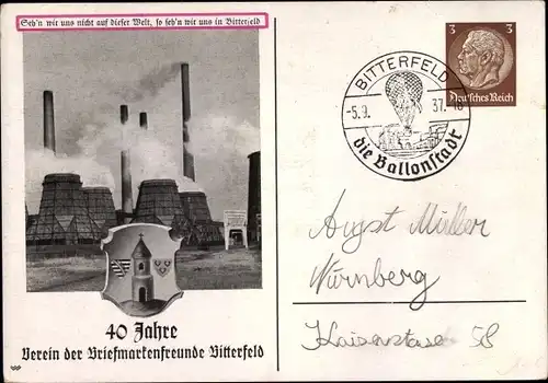 Ganzsachen Wappen Ak Bitterfeld in Sachsen Anhalt, 40 Jahre Verein der Briefmarkenfreunde, Fabrik
