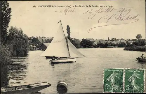 Ak Morannes Maine et Loire, Les Bords de la Sarthe, vue du Pont