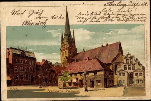 Künstler Litho Biese, C., Flensburg in Schleswig Holstein, Südermarkt, Kirche