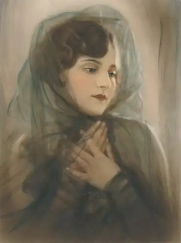 Künstler Ak Frauenportrait, Art Deco, Schwarzer Schleier, Nachkoloriert