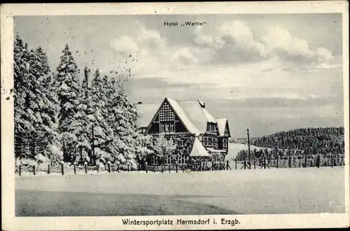 Ak Hermsdorf im Osterzgebirge, Hotel Wettin im Winter