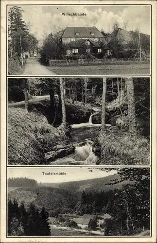 Ak Kreischa im Erzgebirge, Blick auf Wilischbaude, Waldpartie, Bach, Teufelsmühle