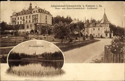 Ak Johannisbad Schmeckwitz Oberlausitz, Moor- und Eisen-Schwefelbad, Handricksteich