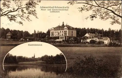 Ak Johannisbad Schmeckwitz Oberlausitz, Moor- und Eisen-Schwefelbad, Handricksteich